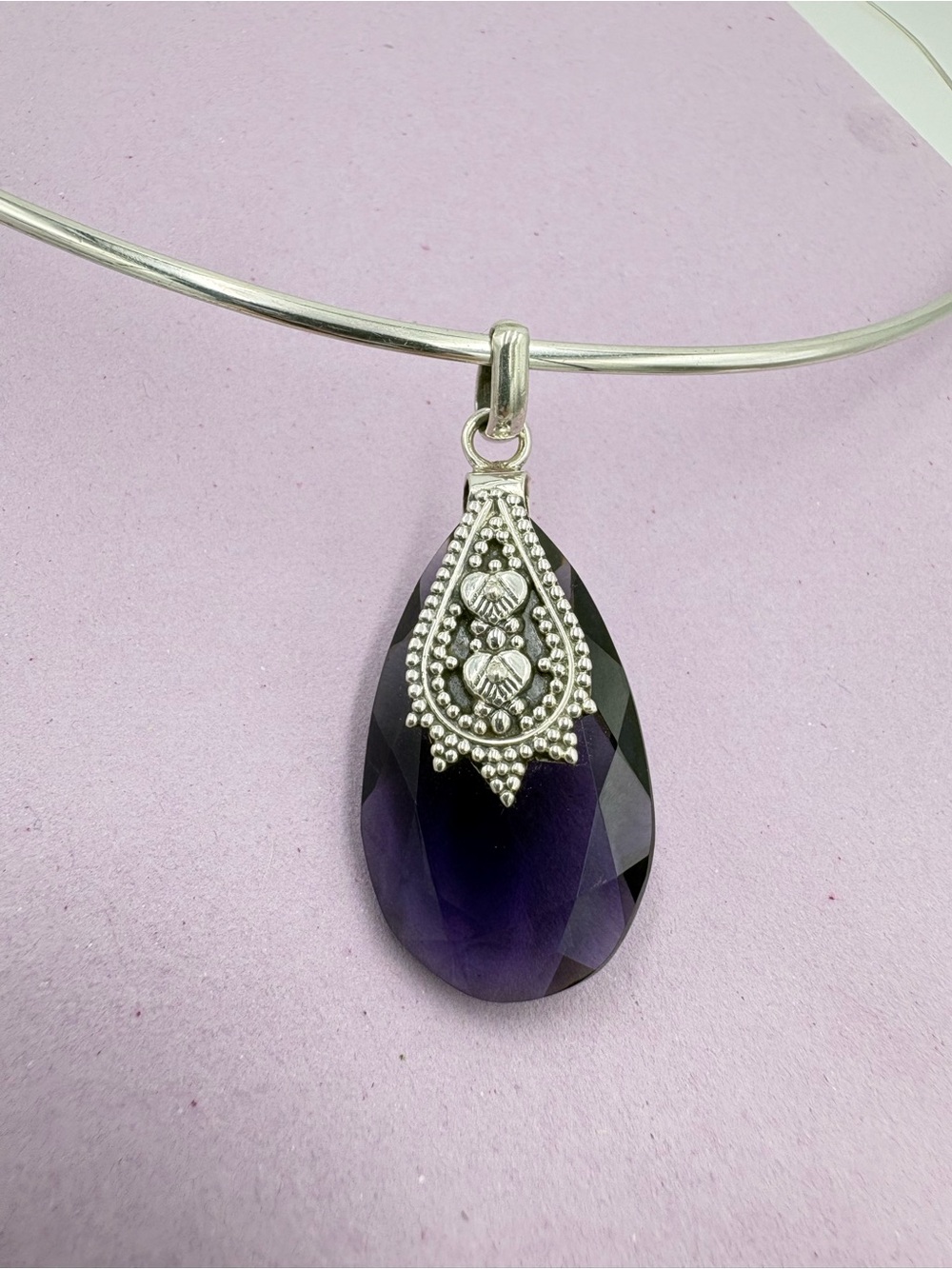 Sterling Teardrop Faceted 24Ct Amethyst Pendant Heart Scroll Detail-Pendant Only